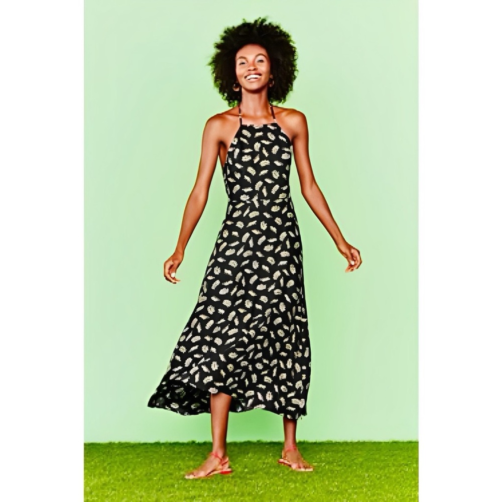 NWT HVN Silk Reece Black Halter Neck Midi Dress in Lily Print size M.